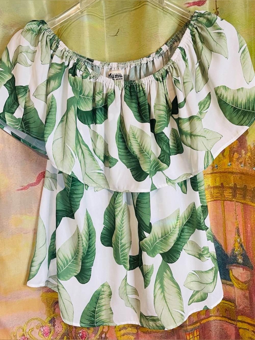Show Me Your MuMu Brit Brit Off-Shoulder Top with Green Leaf Print